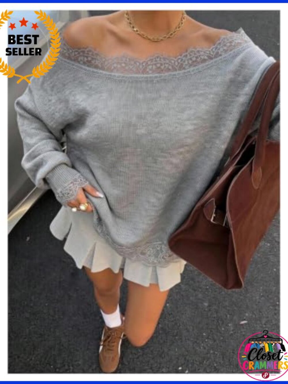 Lace Off Shoulder Sweater Long Sleeve Knit Top Loose Fit - Picture 3 of 4